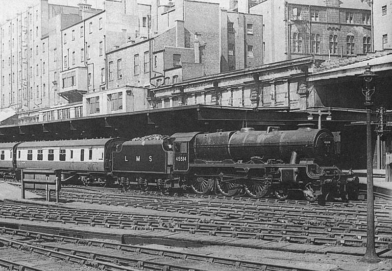 Ex-LMS Rebuilt Patriot Class 4-6-0 No 45514 'Holyhead' stands at platform 3 at the head of an up Euston service in June 1948