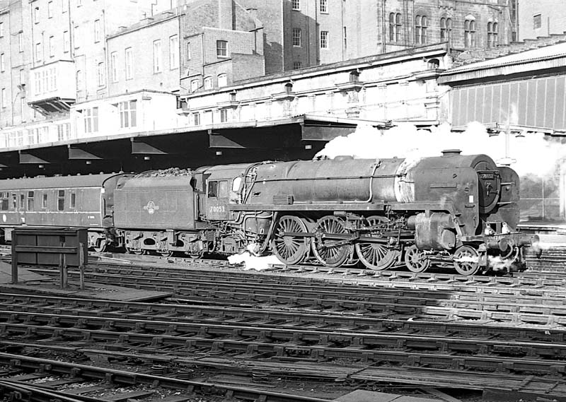 British Railways Standard Class 7MT 4-6-2 No 70053 'Moray Firth' departs platform 3 on an up express service on 8th February 1964