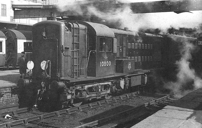 North British Paxman Diesel Electric 'Bo-Bo' No 10800 is seen having just arrived with a local passenger service despite carrying a Class 'C' headcode