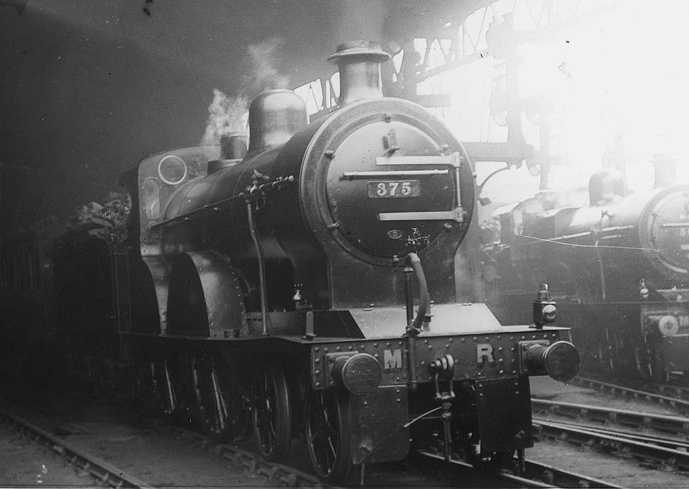 Midland Railway 2P 4-4-0 No 375 is seen standing at the West end of Platform 6 with MR 2P 4-4-0 No 505 standing on the lines leading to the fish sidings