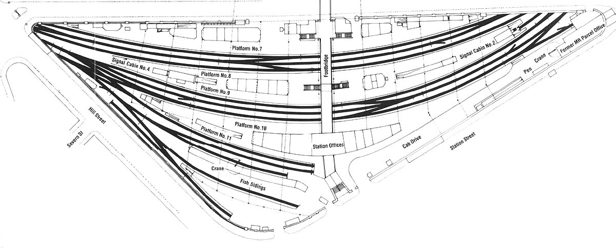Close up of the 1950 plan showing the Midland Railway's station offices and platform layout complete with its notorious fish sidings