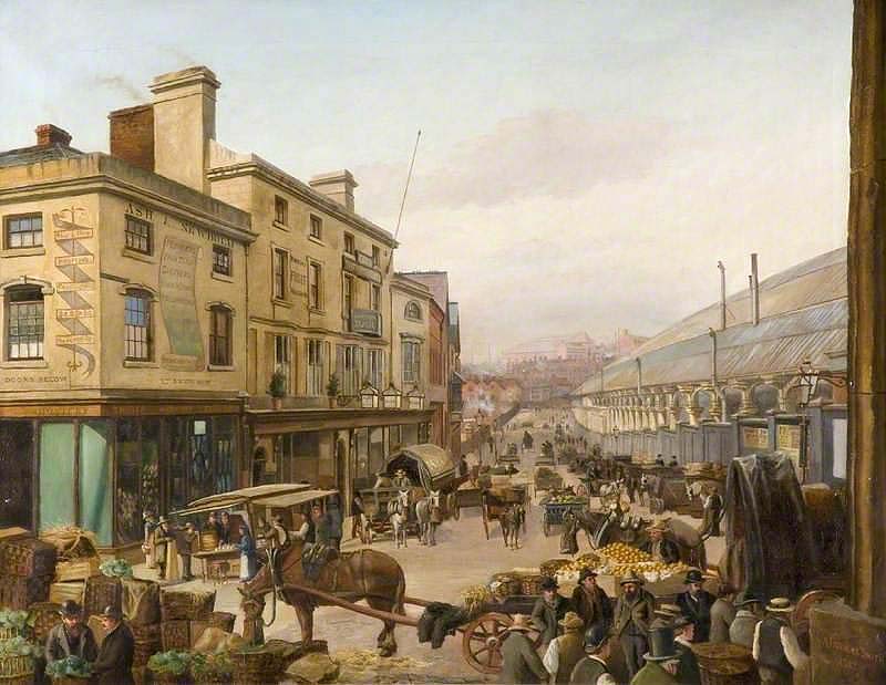 A rare view of Great Queens Street and Cowper's 1854 roof in its original condition viewed from the steps of the Market Hall before the Midland side was built