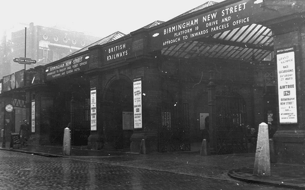 Another view of the entrance from Station Street showing posters advertising tickets to Aintree, Edinburgh and Bolton seen on 18th March 1954