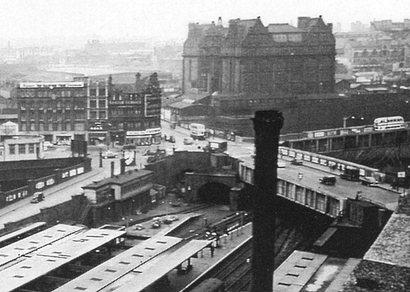 Close up showing the five ways junction of Hill Street, John Bright Street and Navigation Street