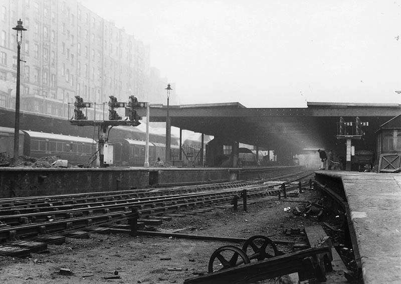 View from the Wolverhampton end of Platform 6, formerly Platform 3, showing the station canopies over the platforms and Queens Hotel towering above on the left