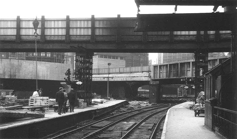 Looking West towards New Street No 5 Signal Cabin with New Street's new Power Box seen above Navigation Street bridge on 22nd May 1965