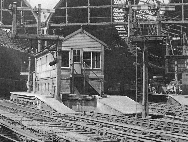 Close up of New Street No 2 Signal Box which protected the 'Midland' portion of New Street station and the timber bracket signals controlling departures to Derby