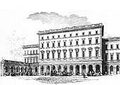An engraved illustration of the entrance to New Street station and the frontage of the Queen's Hotel shortly after the station was opened