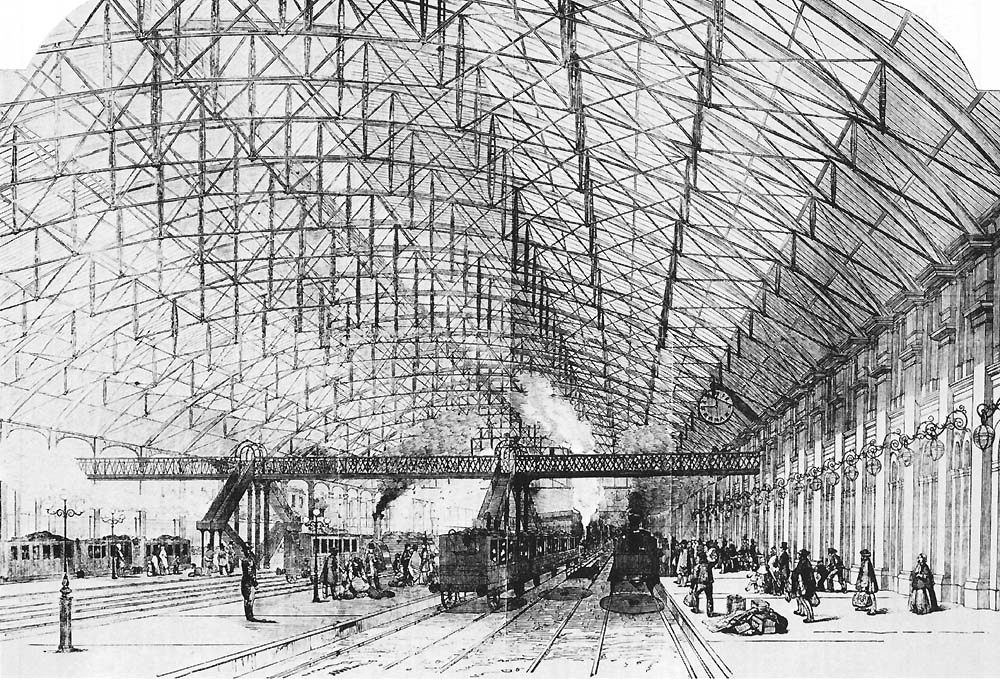 An illustrated view of the interior of the Grand Station viewed from the Wolverhampton end of Platform 3 with the Queens Hotel seen on the left