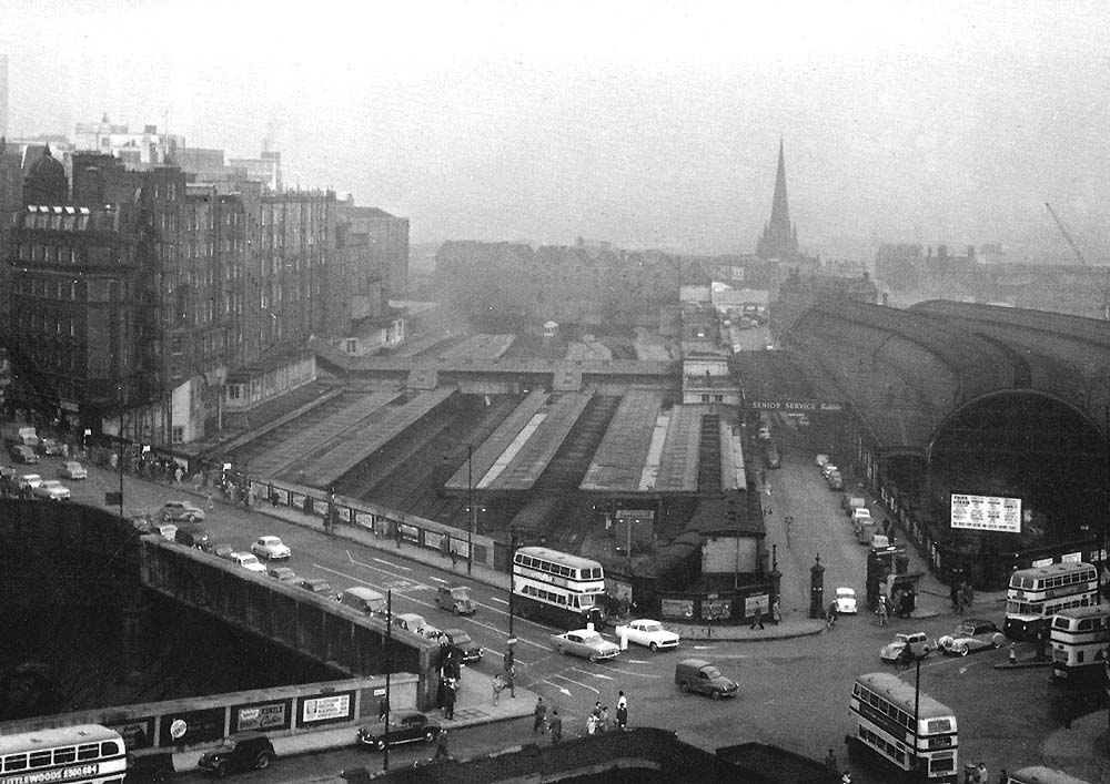 A post-war elevated view of of New Street station looking East down Queens Drive with the former LNWR portion now seen roofless on the left