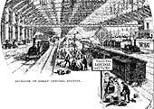 An illustrated view of the inside of the Great Central Station looking along Platform 1 from the Stour Valley bay end with a train standing on the central road of the bay