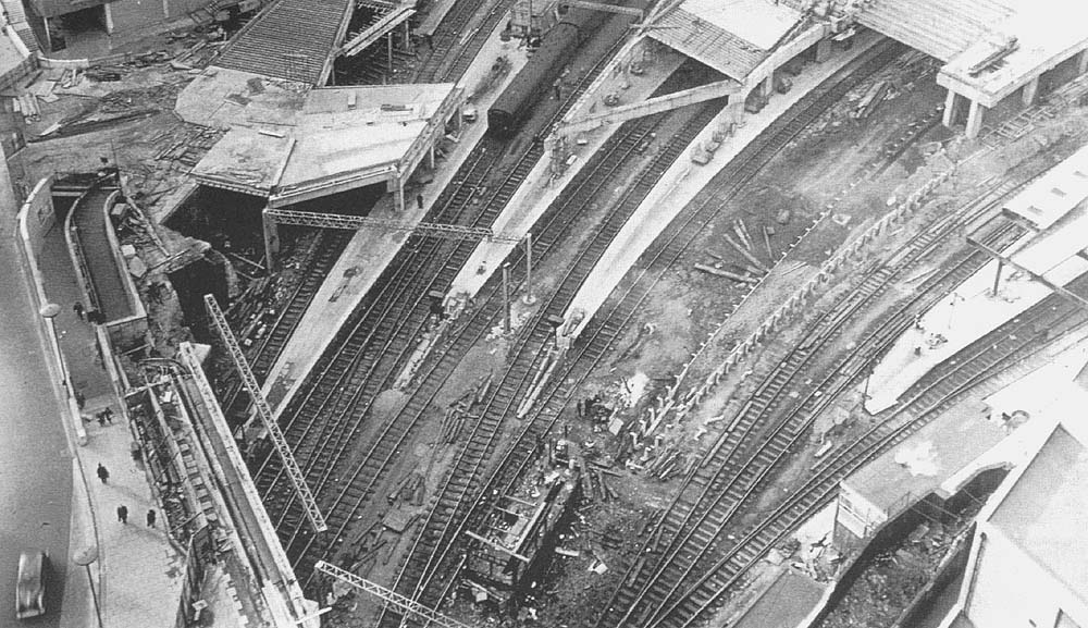 A birds eye view of the rebuilding of the station at the East end of New Street with on the right the remains of Platform One