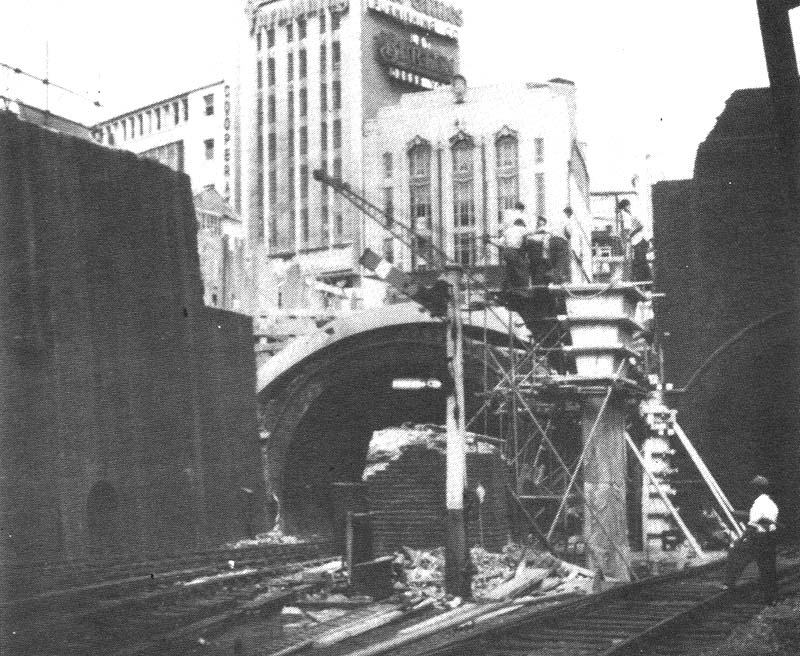 A 1966 view of the rebuilding of the portal of the South tunnel for LNWR traffic with the MR tunnel on the right