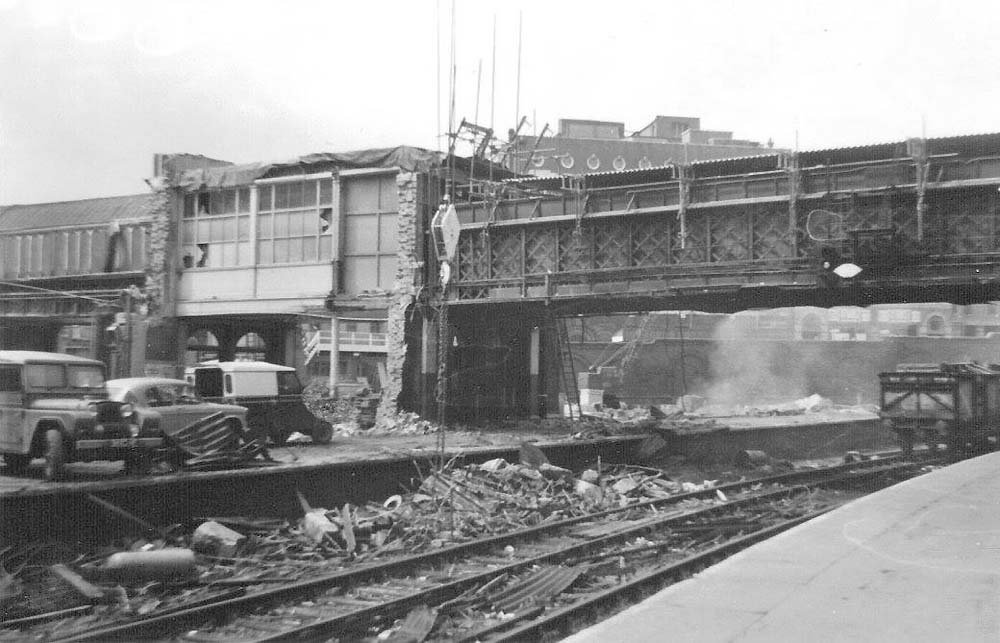 The remains of the footbridge crossing from left to right, platforms 7, 8 and 9, the latter on which the photographer is standing