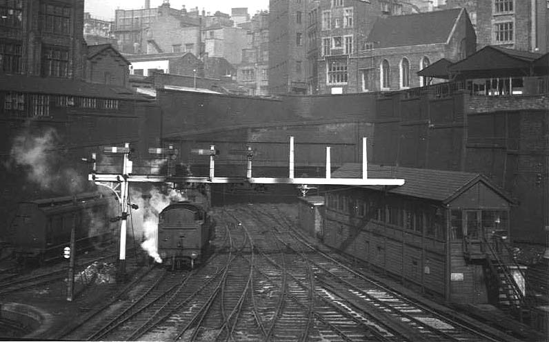 Looking West  from Navigation Street bridge towards Swallow Street bridge showing New Street No 5 Signal Cabin on the right and the recently painted signal gantry