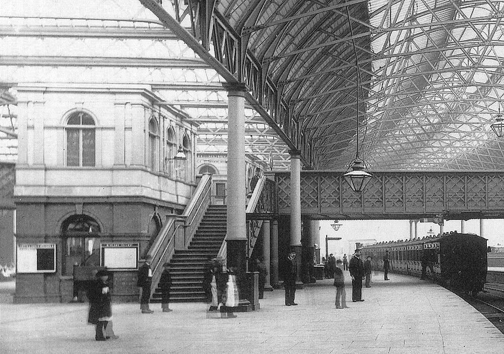 Close up showing the MR Booking Office on the left and the steps from Platform 4 to the footbridge to its right