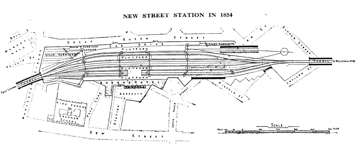 View of the layout of the original station showing the Queen's hotel at the bottom and Great Queen's Street at the top
