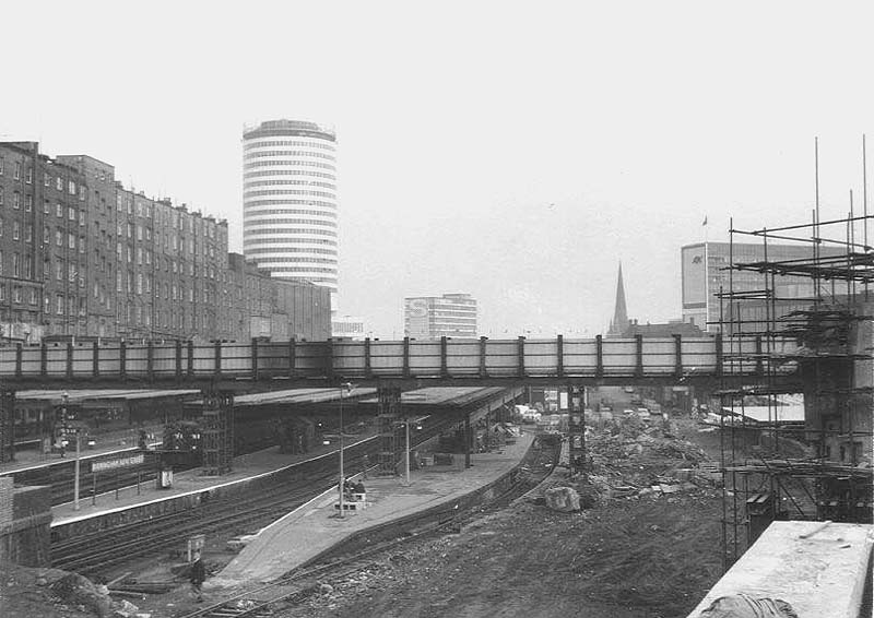 Looking East from Navigation Street bridge towards the station with LNWR section still insitu with a temporary footbridge in the foreground