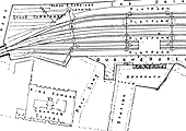 Close up showing the access to the spare carriage sidings and the horse & carriage landing on the East side of the station