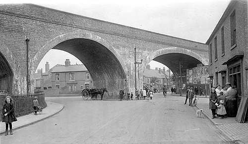 An early 20th century view of Coton Arches which carried the Nuneaton to Coventry railway over the junction between the Coventry Road with Ave Road