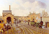 Painting showing Coventry Station looking towards Birmingham with the 1838 engine shed on the left and the original station on the right