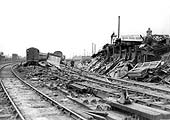 View of the wreckage of the local passenger service from Leamington and, in the distance, the damaged shed