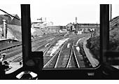 Looking towards Coventry No 1 Signal Cabin from the rear of a Diesel Multiple Unit exiting off the Leamington branch in 1957
