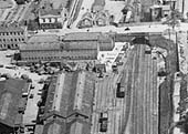Close up view of No 1 Goods shed, cattle pens and the sidings running parallel to the main line