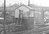 Close up showing Coventry No 3 Signal box with the footbridge to Spencer Road Park immediately behind in 1919