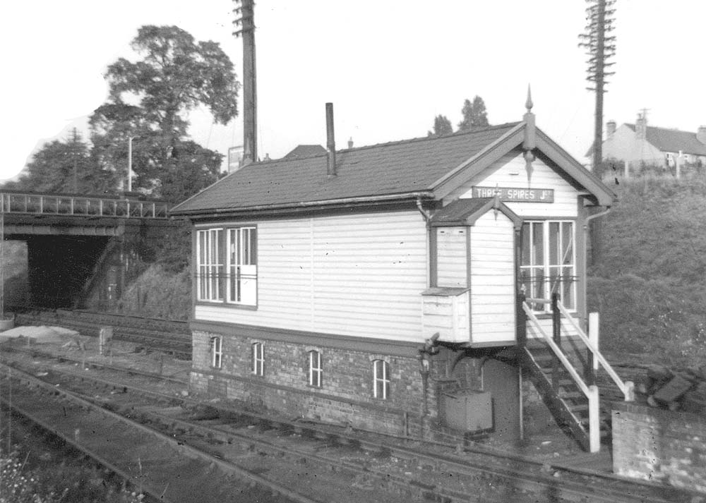 Standing on the hump line looking at the rear of Three Spires Junction Signal Cabin in the 1960s