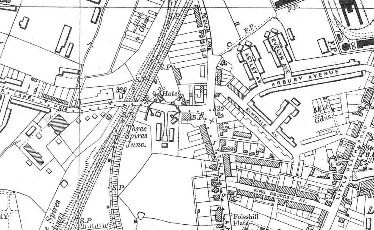 A 1944 Ordnance Survey map of Three Spires Junction and the exchange sidings of Coventry Colliery