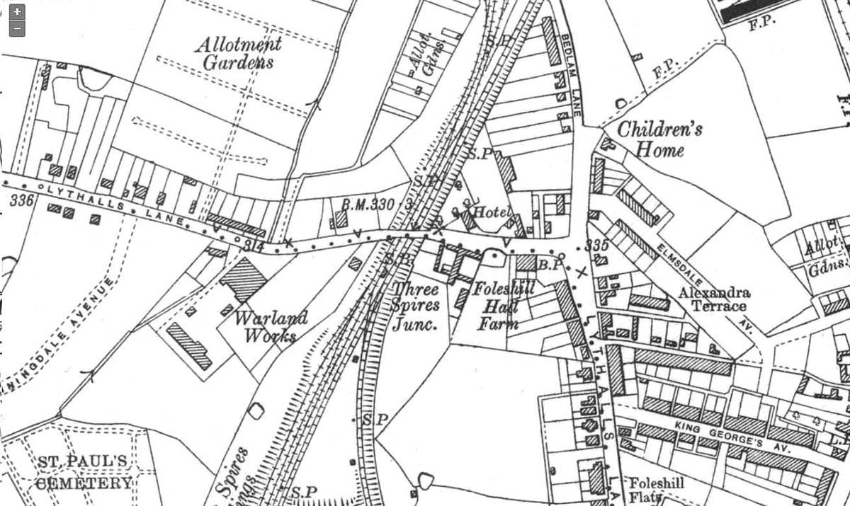 A 1928 Ordnance Survey map of Three Spires Junction and the exchange sidings of Coventry Colliery