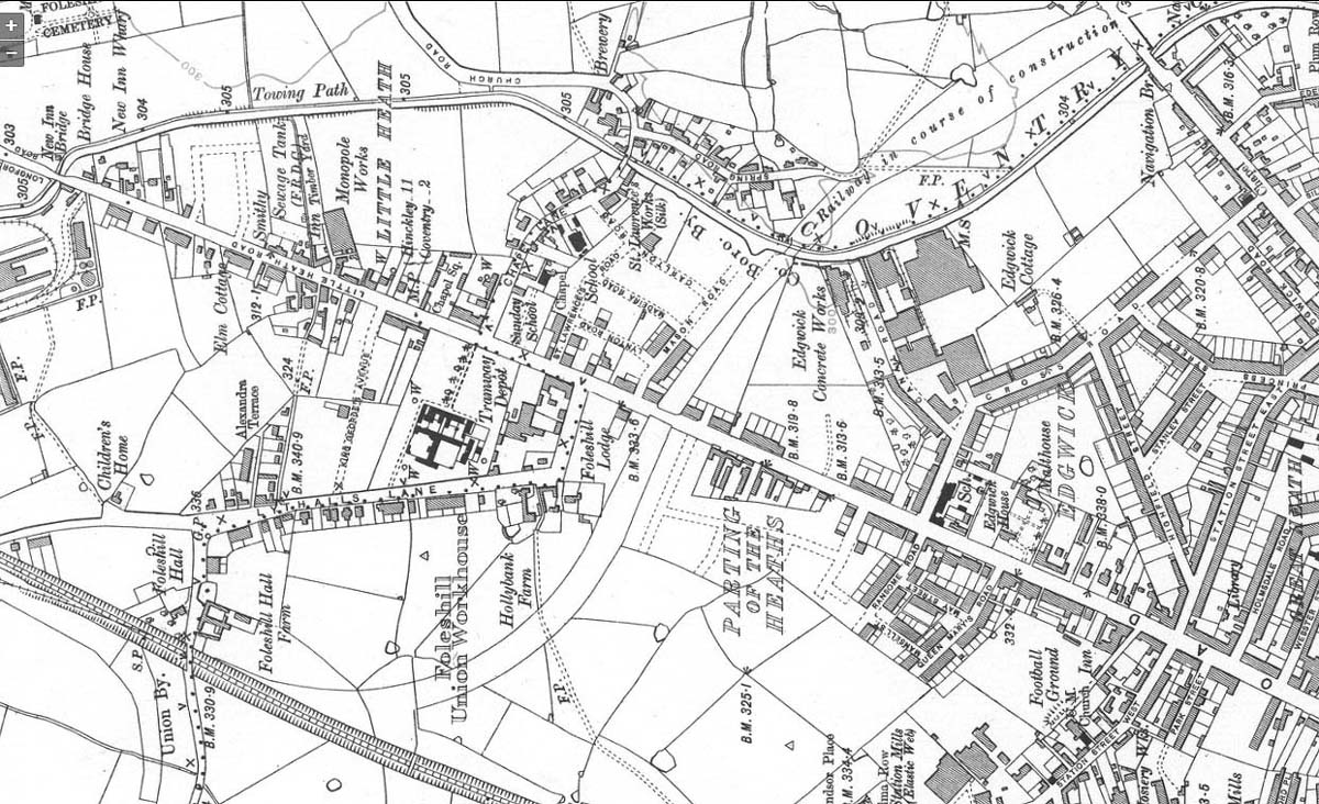 A 1915 Ordnance Survey map showing only the outline of the earthworks of the junction and the Coventry Loop Line