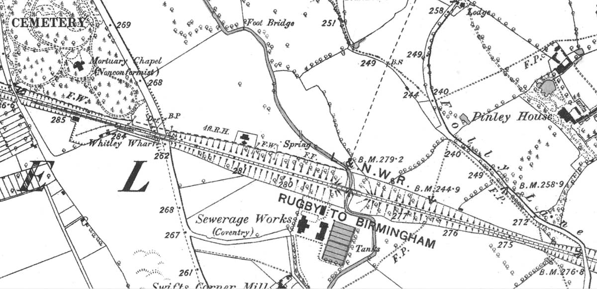 An 1888 Ordnance Survey map of Folly Lane showing the area prior to the Coventry Loop Line being built