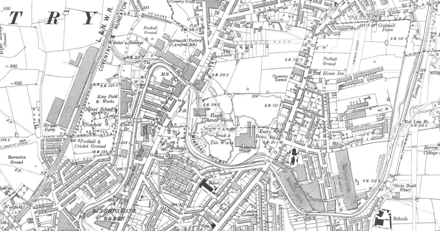 A 1915 Ordnance Survey map showing the line of Foleshill Railway and the various factories it served