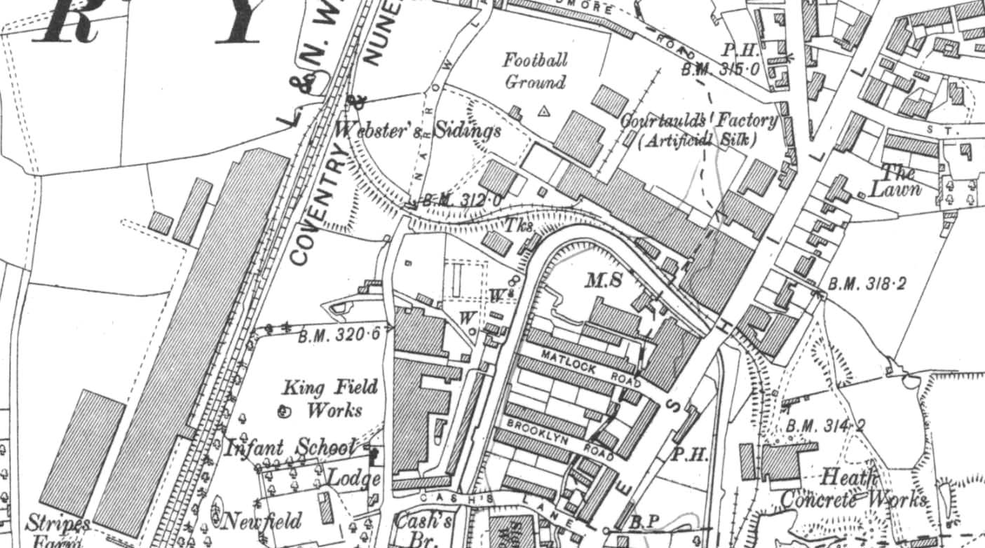 A close up of the 1912 Ordnance Survey map showing the junction of line of the Foleshill Railway at Webster's Sidings