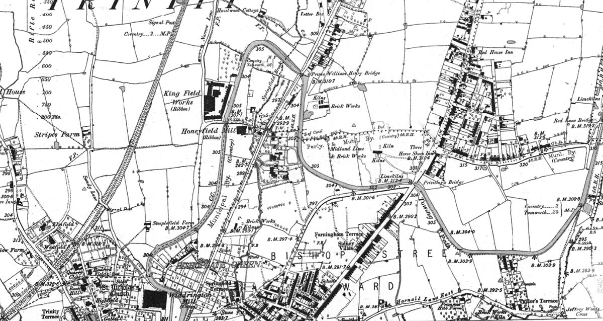 An 1888 Ordnance Survey map showing mainly countryside where the Foleshill Railway was later to be built