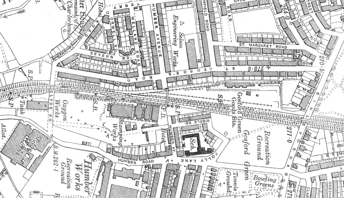 A 1923 Ordnance Survey map showing Gosford Green goods yard and the British Oxygen Company's sidings