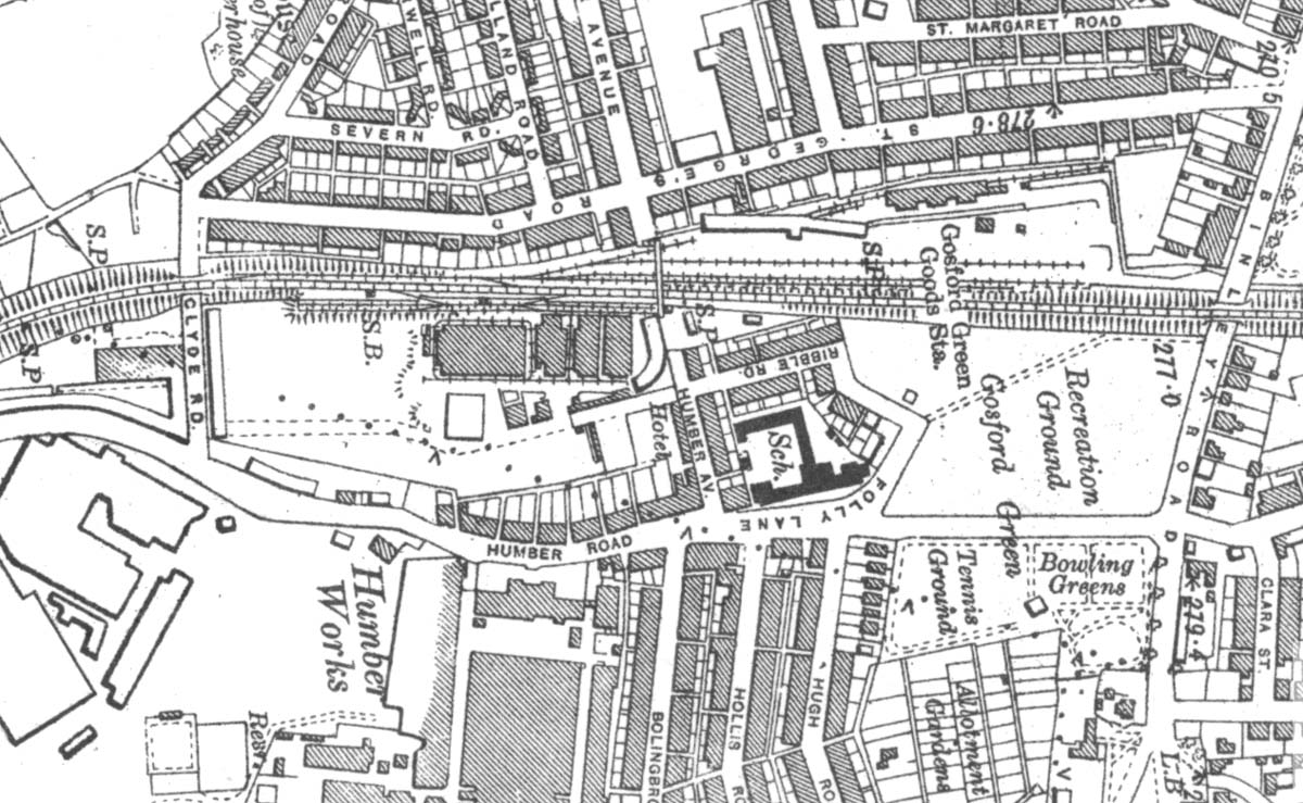 A 1944 Ordnance Survey map showing Gosford Green goods yard and the British Oxygen Company's sidings