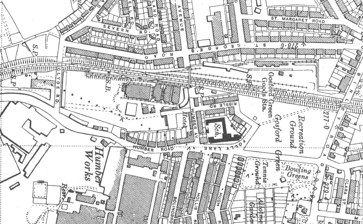 Another 1947 Ordnance Survey map showing Gosford Green goods yard and the sidings adjacent to the British Oxygen Company