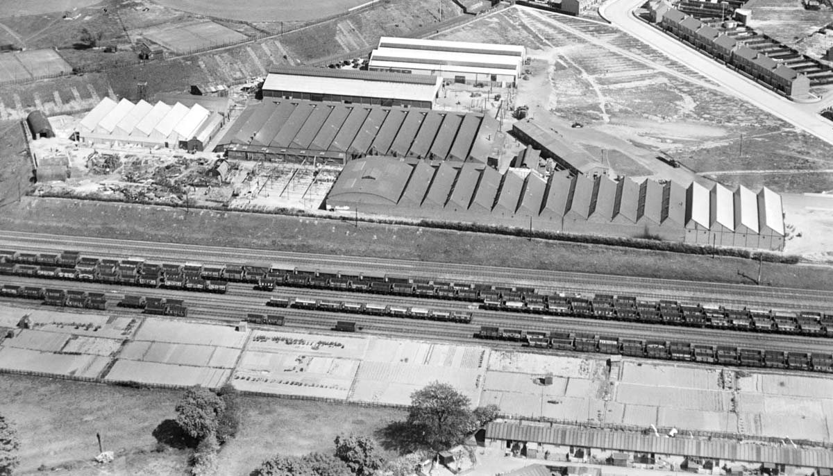 First of three 1929 'landscape' aerial views of the sidings and the numerous Private Owner Wagons stabled at Three Spires Junction