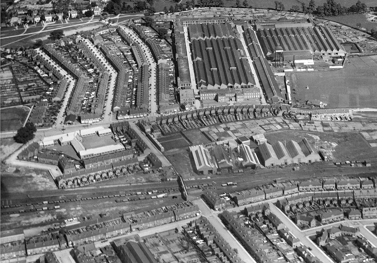 First of two 1920 aerial views of Gosford Green Goods Yard and T Smiths Stamping Work's sidings