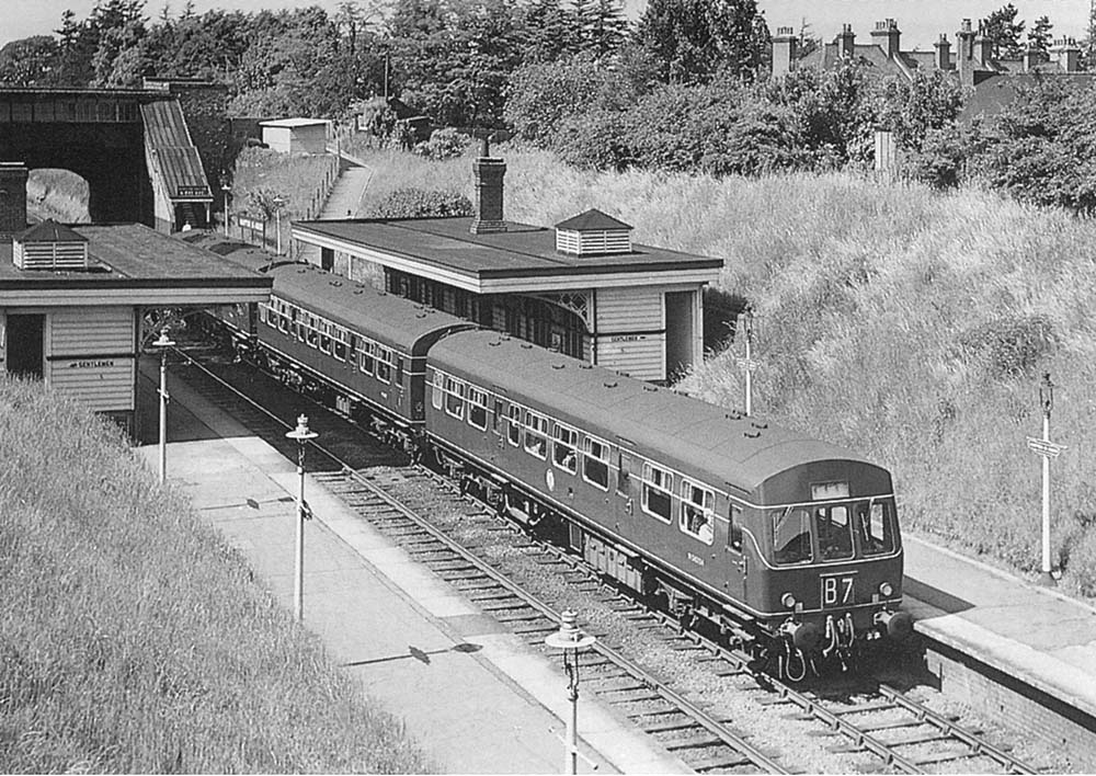 A newly introduced three-car Metro-Cammell DMU stands at Hampton in Arden's up platform on 15th June 1958