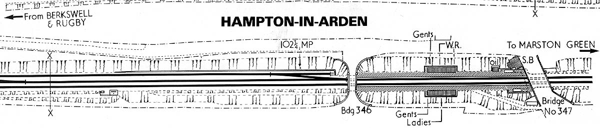 Ordnance Survey map of Hampton in Arden's station showing the passenger facilities on both platforms together with the main station building located at road level