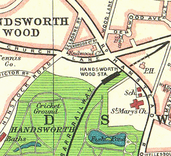 Map showing the location of Hansdworth Wood station and its juxtaposition to Church Lane and Hamstead Road