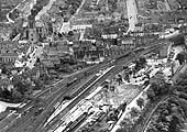 A 1937 aerial view of the southern approach to the former LNWR station which handled traffic from Rugby and Weeden