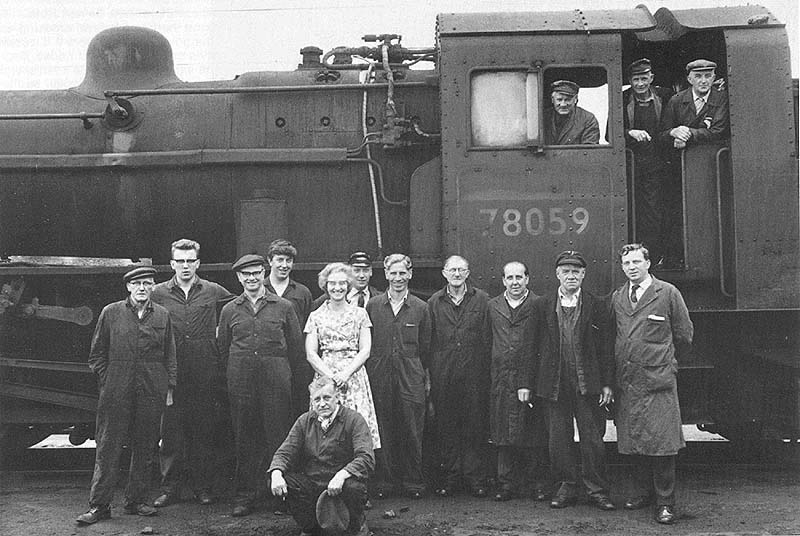 British Railways 4MT 2-6-0 No 78059, the last engine to work off Nuneaton shed, is seen with a number of shed staff before it leaves the shed for the last time