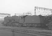 An unidentified ex-LMS 8F 2-8-0 locomotive stands in front of Nuneaton shed circa 1966