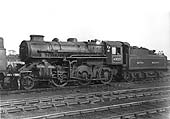 BR built 2-6-0 4MT No 43025 stands on shed behind an unidentified ex-LMS 2-6-2T 3MT locomotive