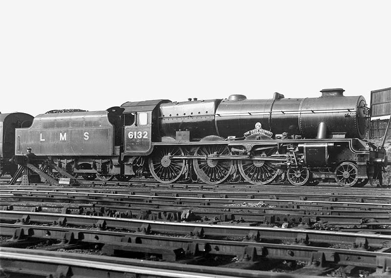 LMS 4-6-0 Rebuilt Royal Scot class No 6132 'The Kings Regiment' wearing Gill Sans lining is seen on the up Merseyside Express